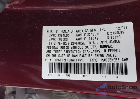 2017 Honda Accord Sport Se z USA, uszkodzony, nr VIN 1HGCR2F10HA117597